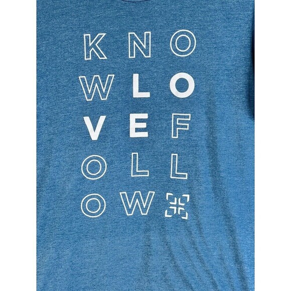 Bella Canvas Turquoise "Know Love Follow" Graphic Print Tee Shirt Size Large - Picture 2 of 6
